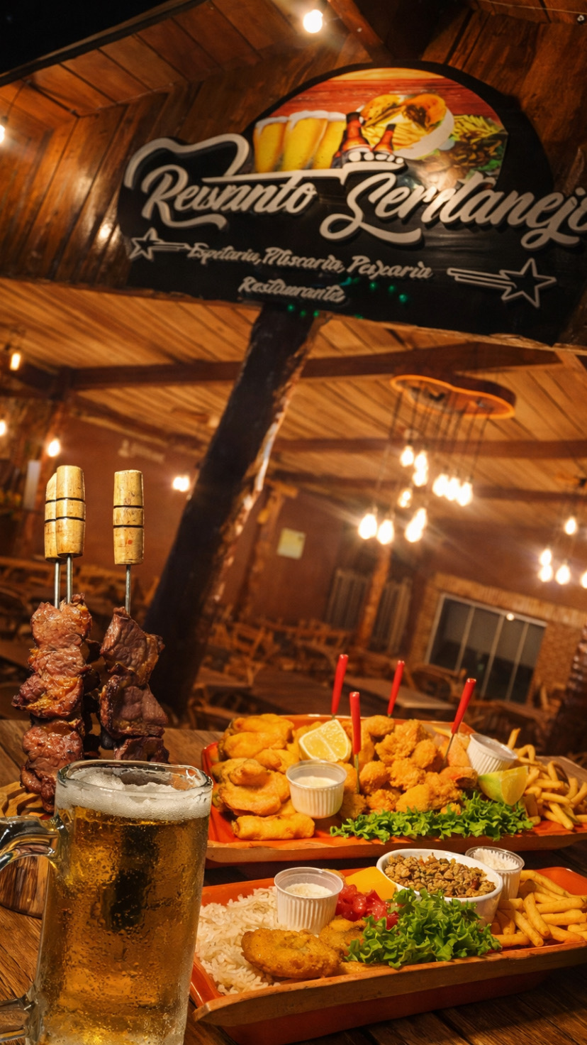 Mesa com espetos, cerveja gelada e porções